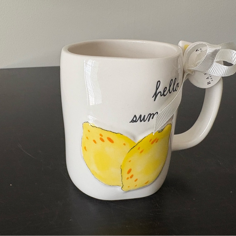 New Rae Dunn Hello Summer Ceramic Mug with Yellow Lemon Design